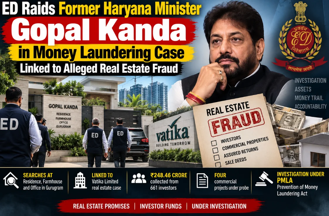 ED Raids Former Haryana Minister Gopal Kanda in Money Laundering Case Linked to Alleged Real Estate Fraud